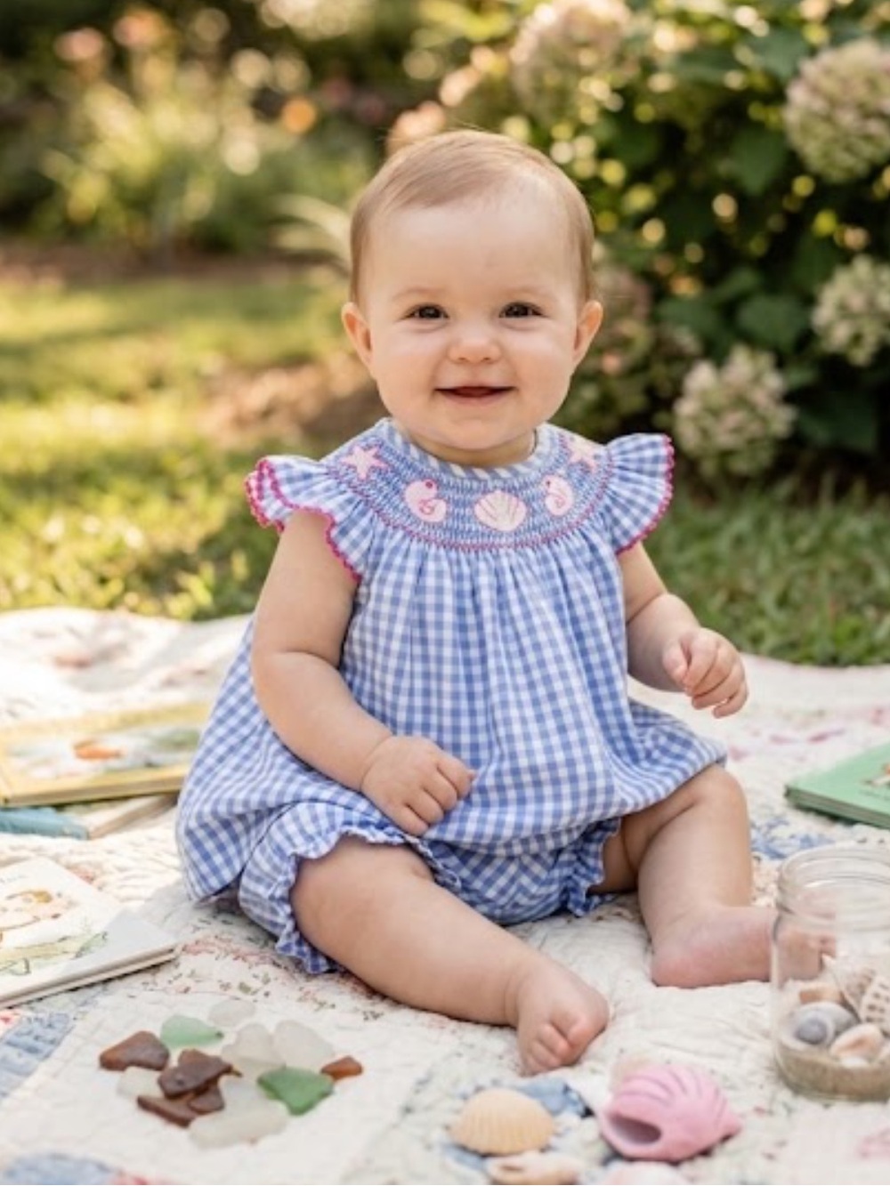 Blue Gingham Smocked Baby Dress & Bloomers Set